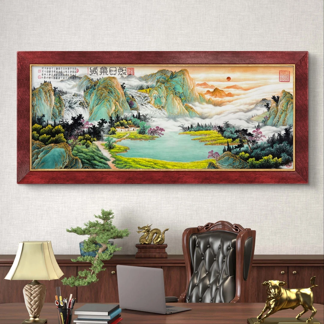 《旭日东升》杭州锦丝绫布软装裱