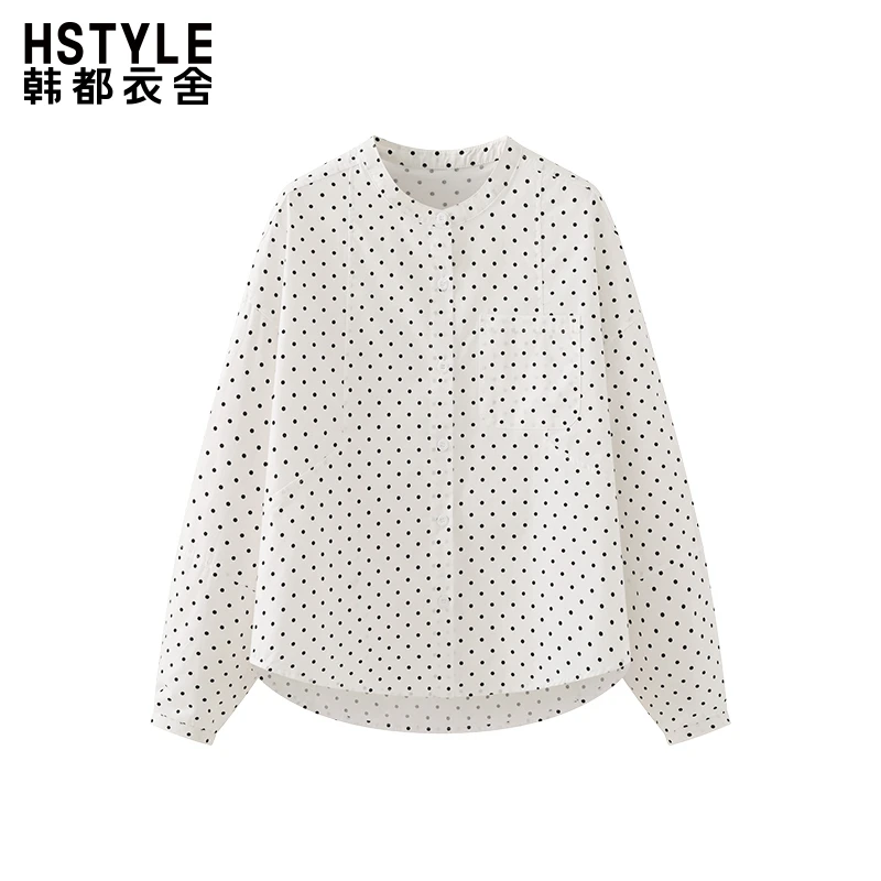 韩都衣舍圆领波点长袖衬衫女法式通勤高级感小众气质宽松显瘦衬衣