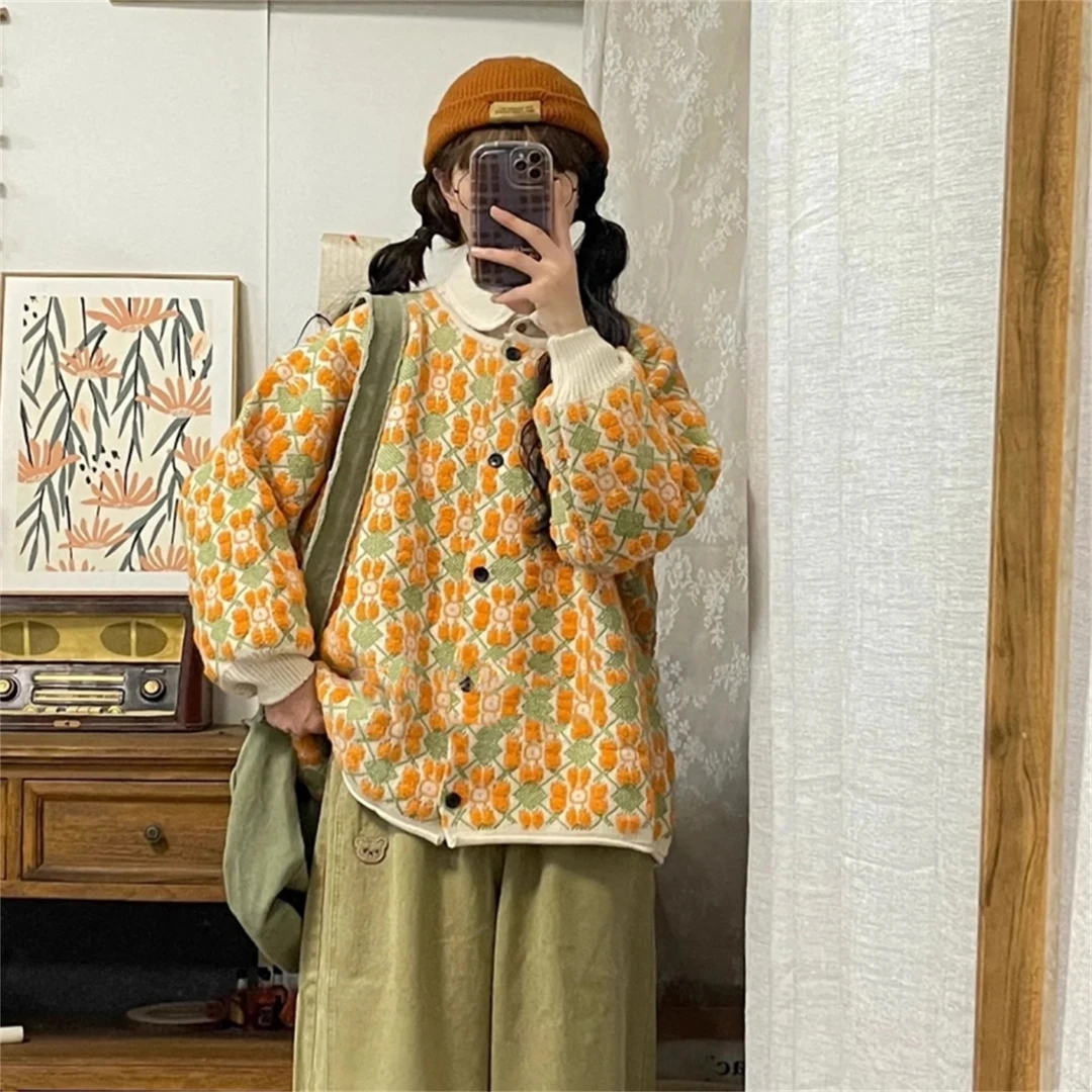 慵懒风宽松重工提花毛衣外套女秋冬新款大码胖MM显瘦遮肚针织开衫