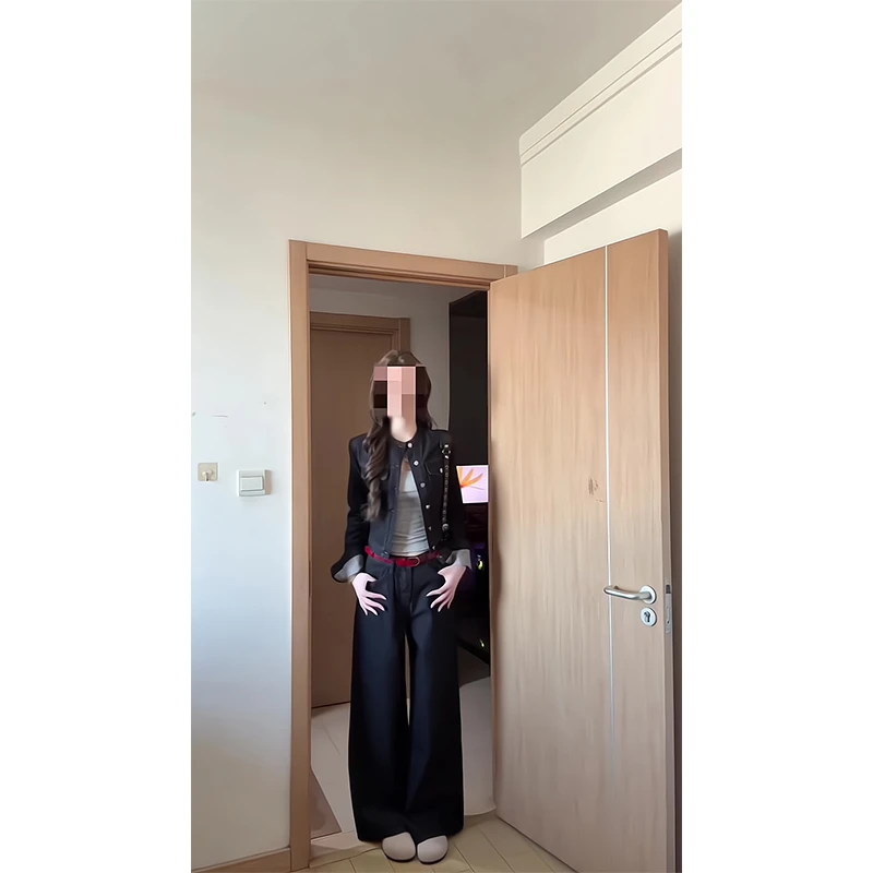 2025新款女士早秋季美式复古立领宽松休闲牛仔夹克外套高腰阔腿裤