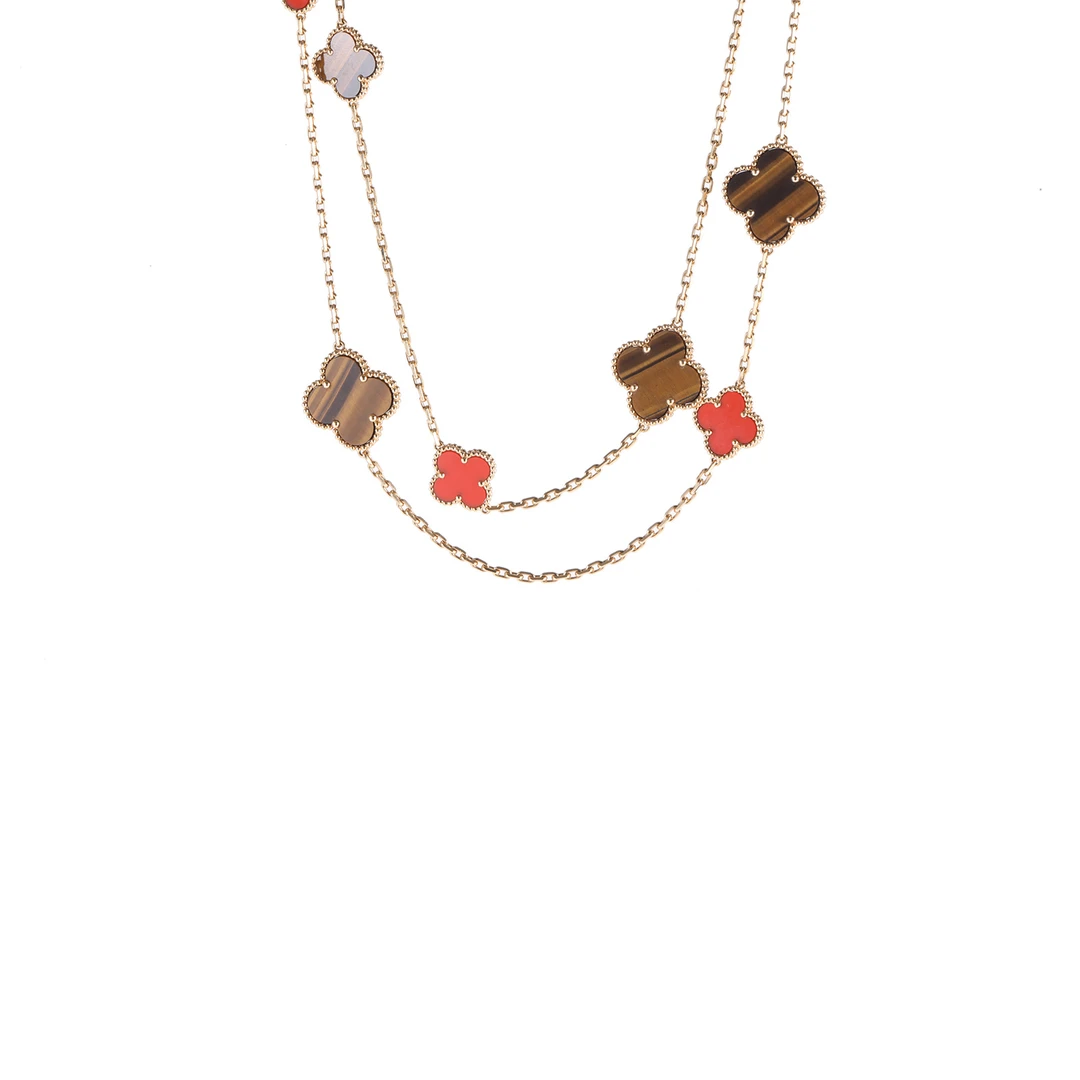 99新 梵克雅宝 小花佳珊  红玉髓 虎眼石16花 四叶草 项链