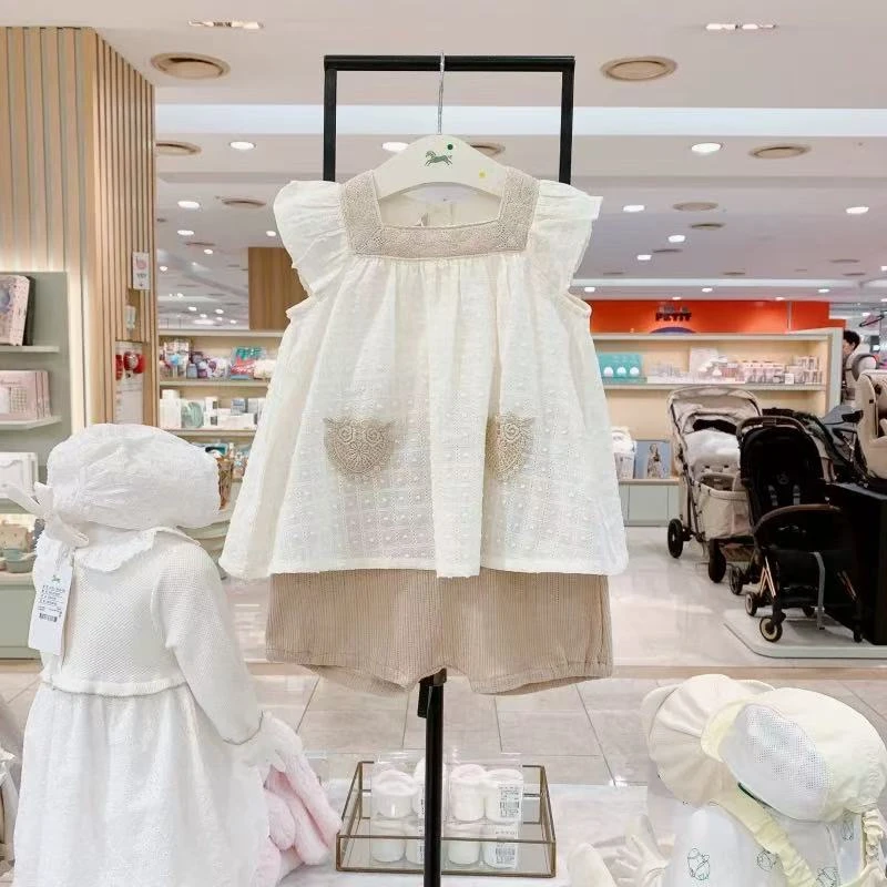 出口韩单 小马25夏女童宝宝洋气娃娃衫方领小飞袖可爱衬衫