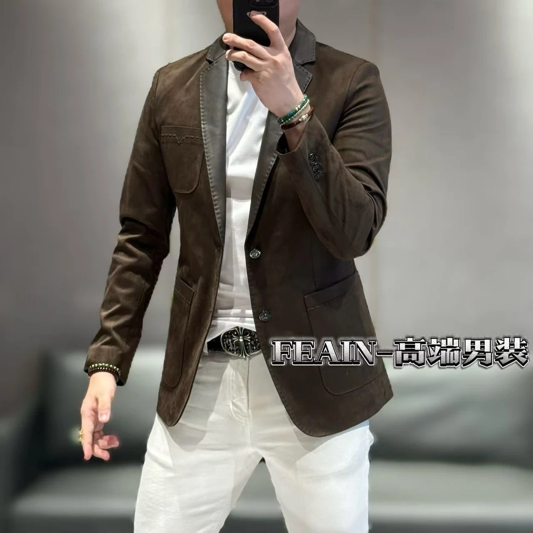 绵羊皮拼接手工纳线工艺高端男士翻毛绒立体裁剪春款小西装5815