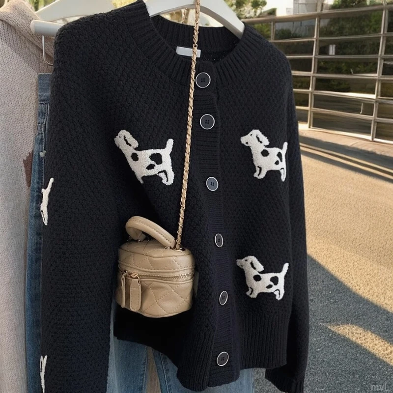 黑色小狗毛衣开衫女2025年秋冬新款欧货外套高级感小个子针织上衣
