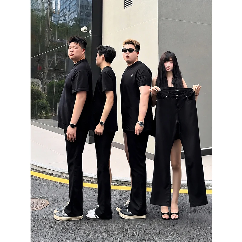 怪兽大码实验室黑色弹力牛仔裤男微胖男生穿搭显瘦裤子直筒微喇裤