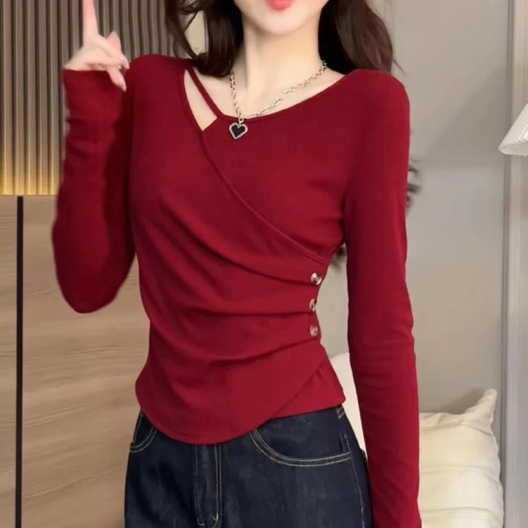 德绒不规则打底衫女内搭秋冬新款修身显瘦设计感小众长袖T恤上衣