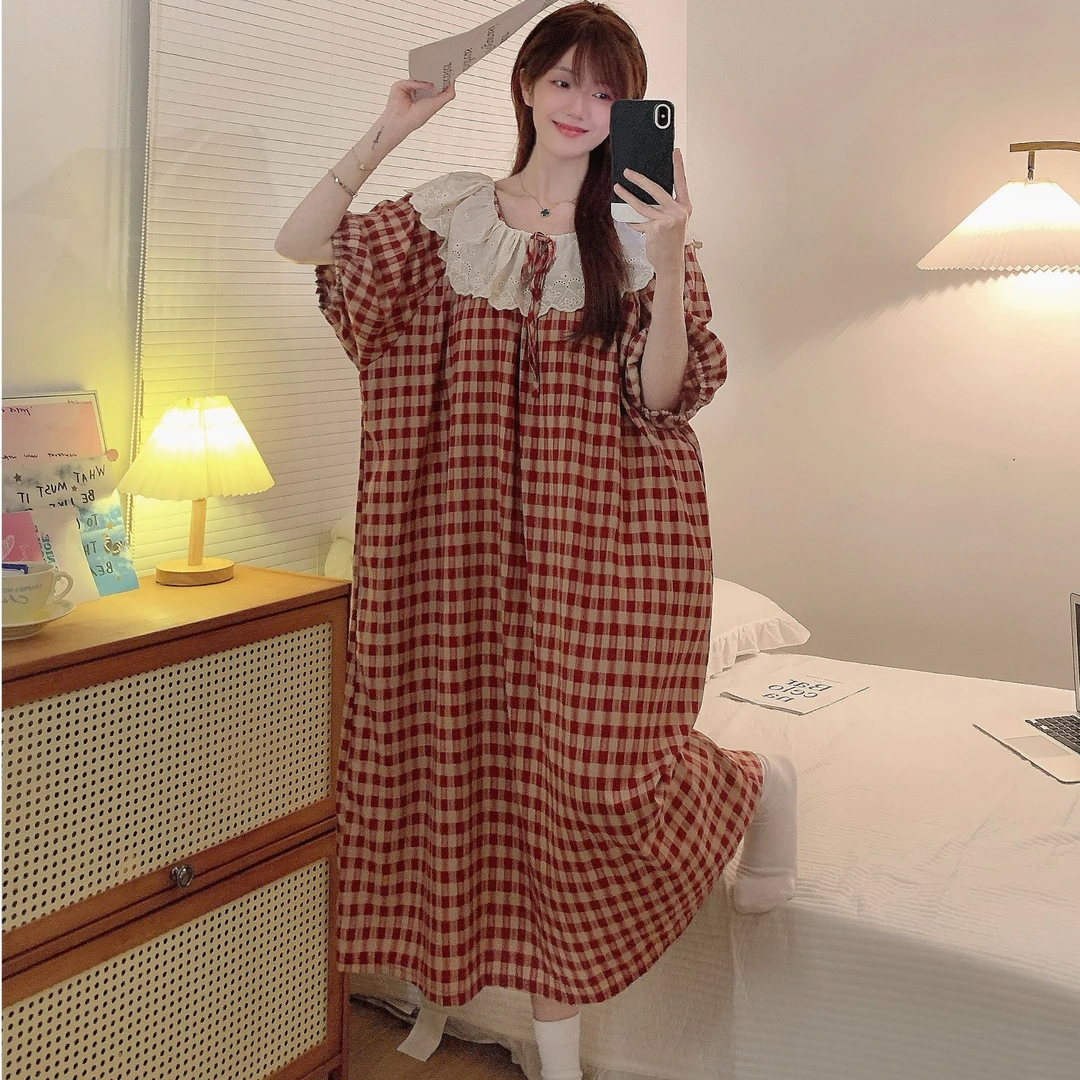 韩版睡衣女甜美花边简约圆领红格子家居服春秋季新款短袖舒适睡裙