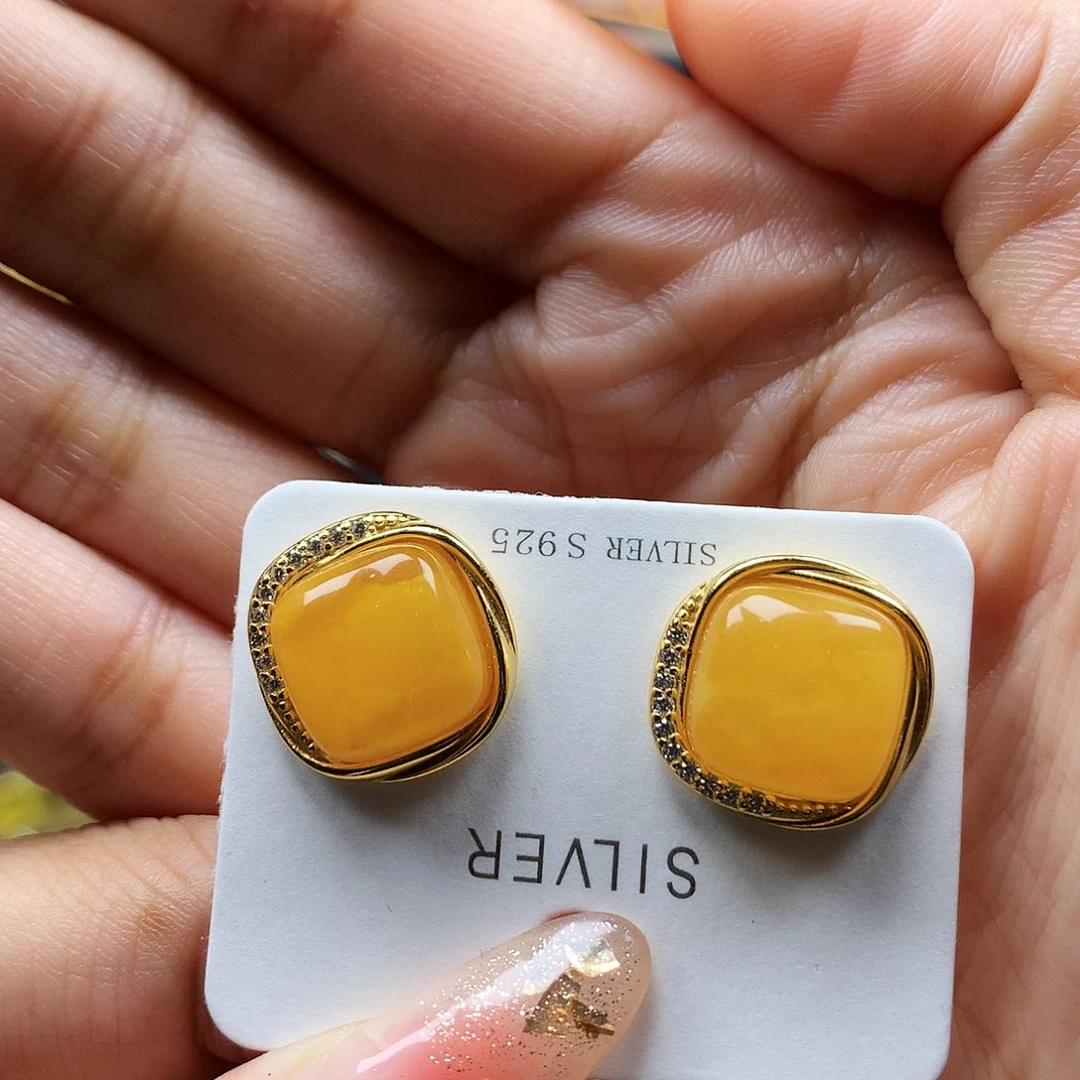 蜜蜡耳饰银S925镶嵌耳钉