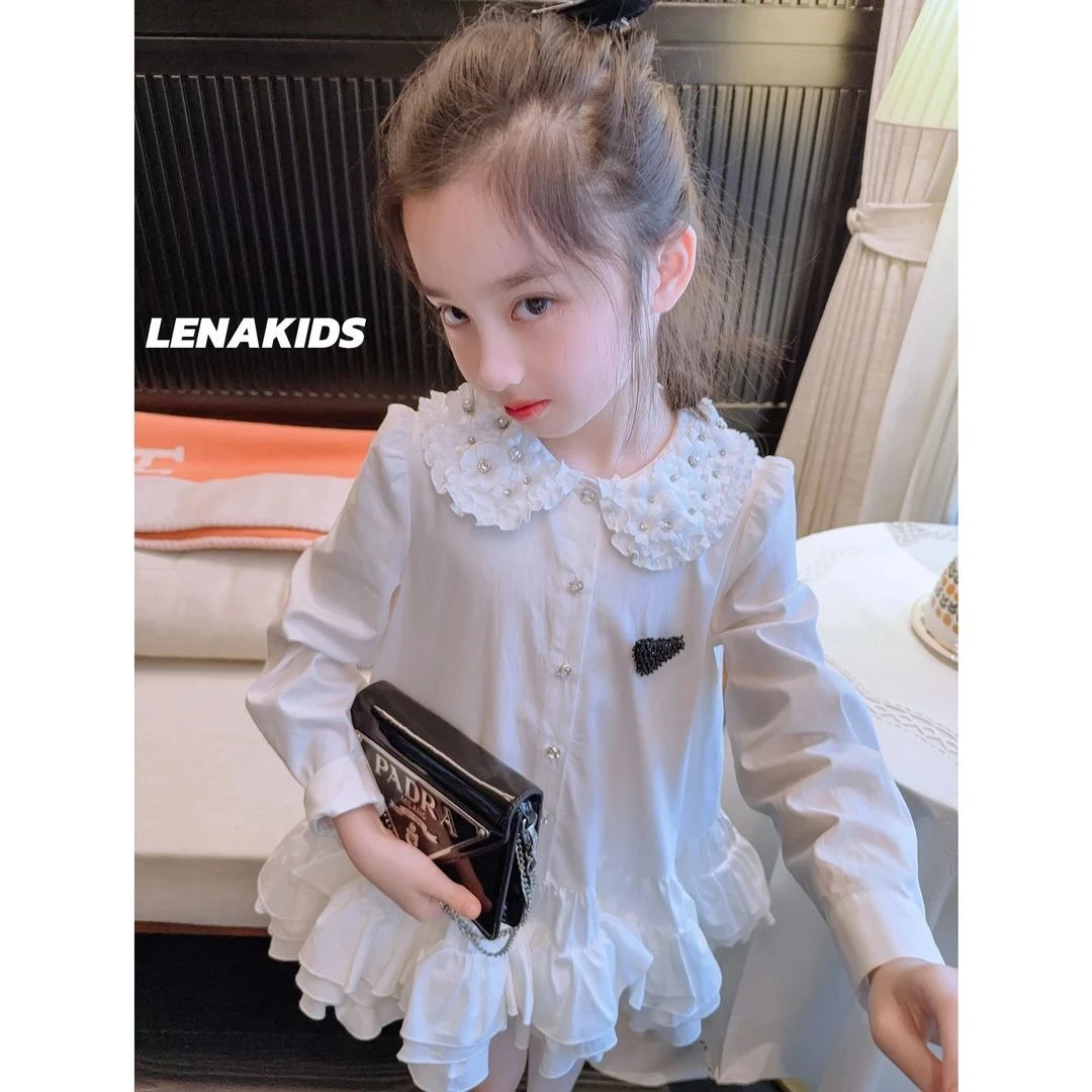 女童中大童长袖翻领连衣裙时髦洋气单排扣超仙蓬蓬裙高级感公主裙