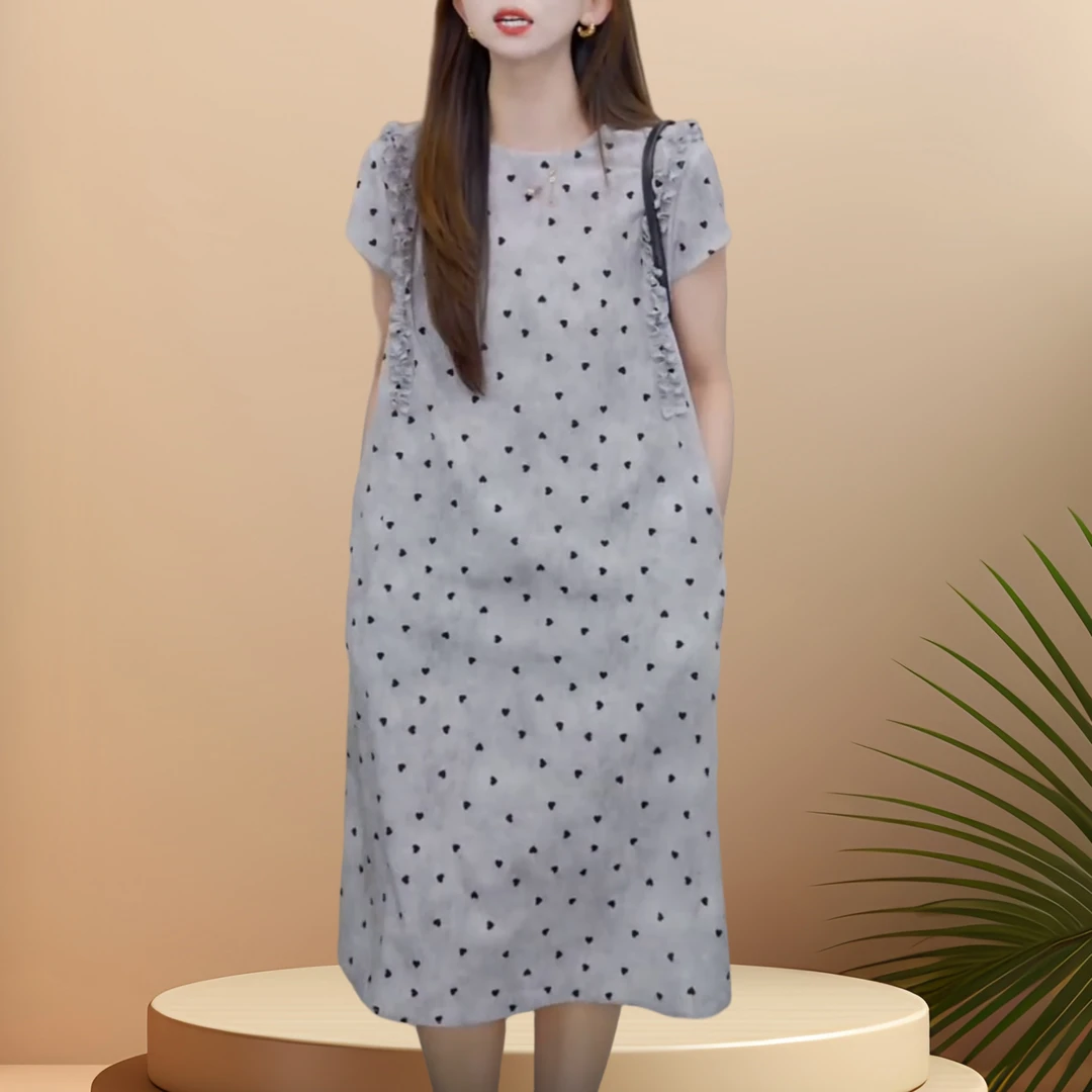 2025夏季新款时尚设计感短袖印花连衣裙女洋气显瘦中长款休闲裙子