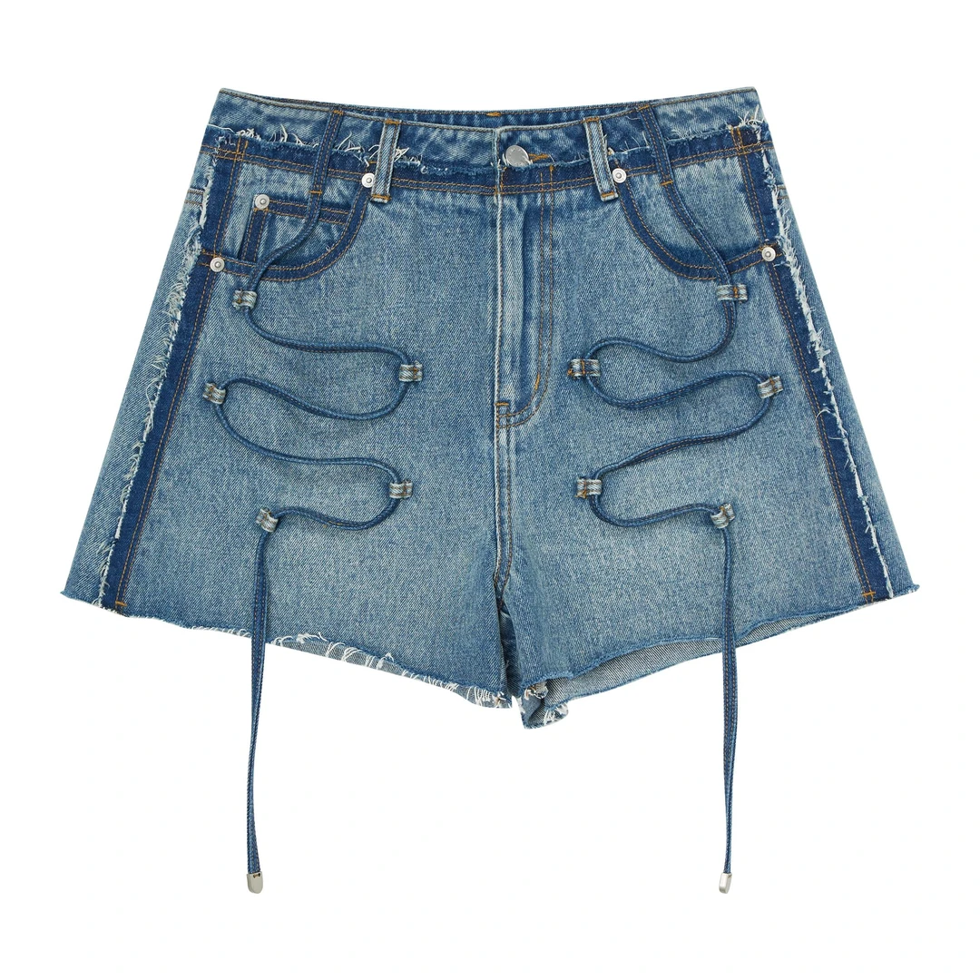 UNIDES-X2025春夏季新款艺术联名盘带牛仔短裤女士时尚休闲裤小yc