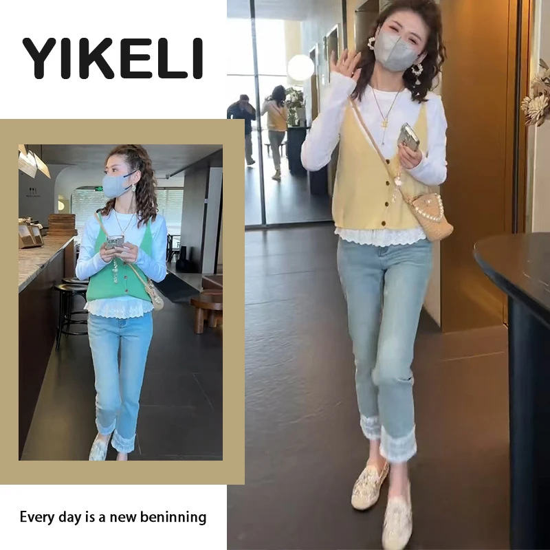 2025春季时尚搭配一整套新款韩系蕾丝打底衫吊带马甲牛仔裤三件套