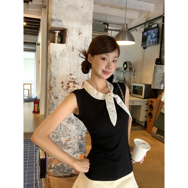 【夏日焦点背心】夏季小众侧领无袖蝴蝶结波点通勤穿搭背心