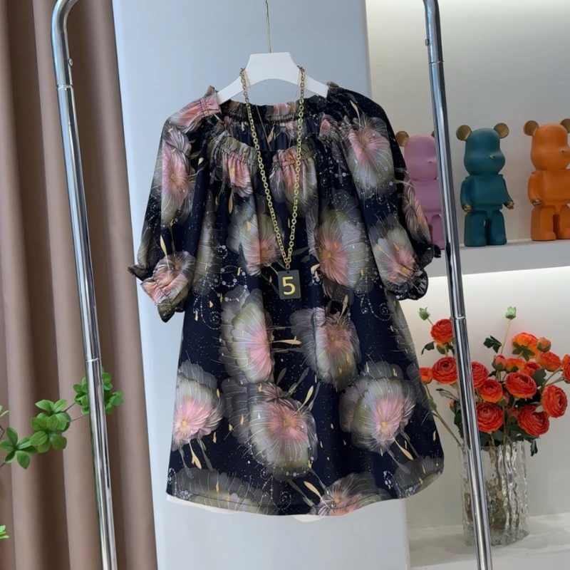 1854撒银短袖时尚百搭上衣夏季宽松显瘦一字领气质休闲碎花印花