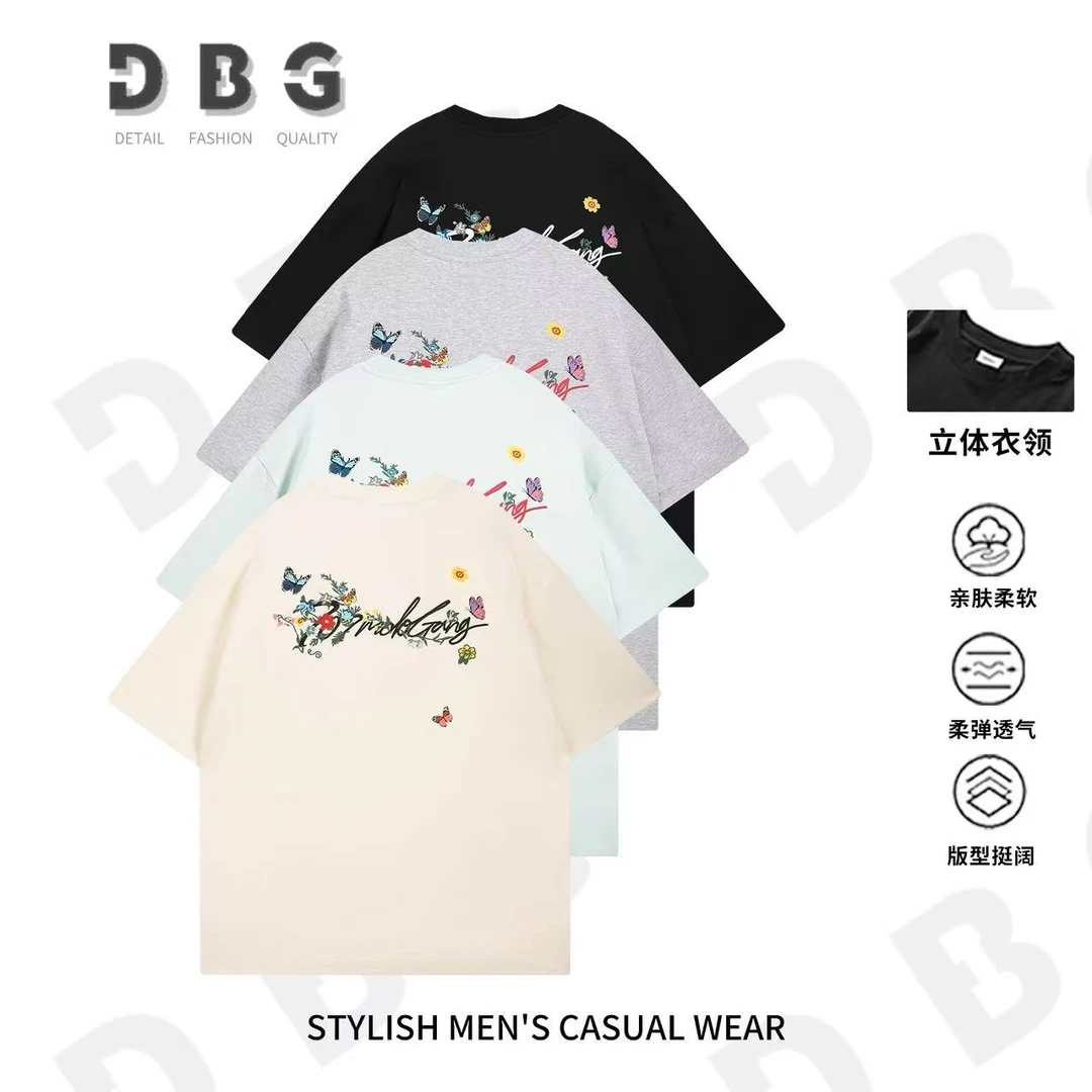 【蝴蝶花绣】夏季百搭原创刺绣情侣款宽松休闲圆领短袖T恤*65061