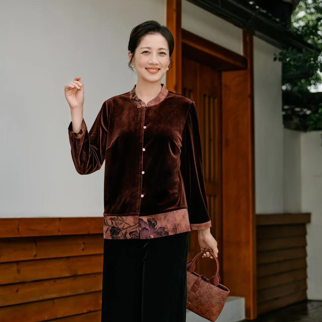 老美华秋季女士丝绒中式立领花卉图案拼接玫红长袖衬衫433205026