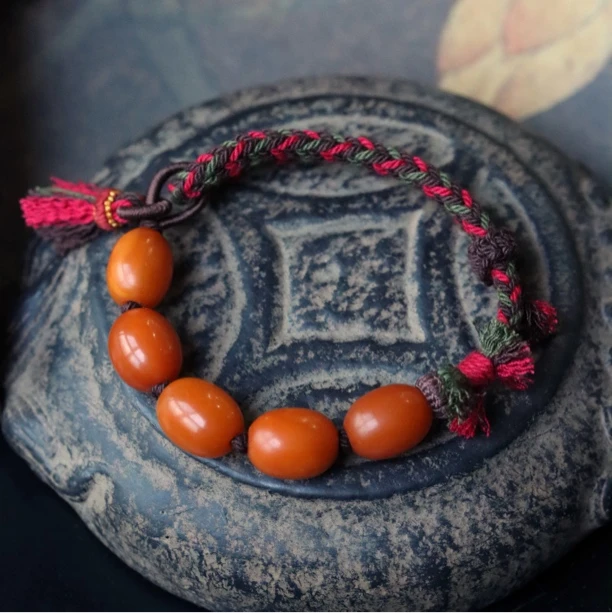 天然古董老蜜蜡西亚枣珠半圈藏式手绳百搭编织复古单圈纯手工