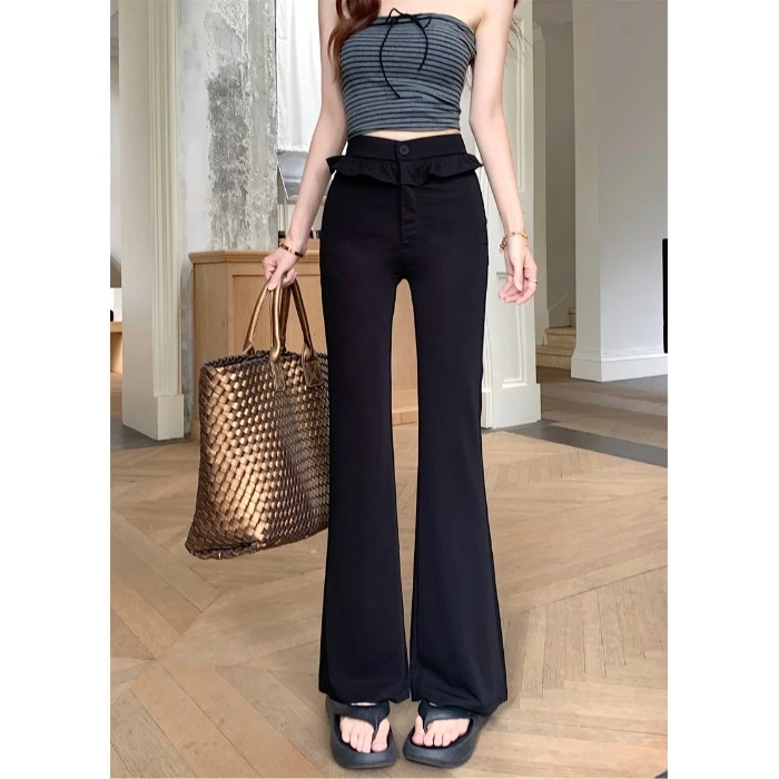 荷叶边黑色休闲裤女夏季高腰喇叭裤显瘦百搭直筒裤子宽松拖地长裤