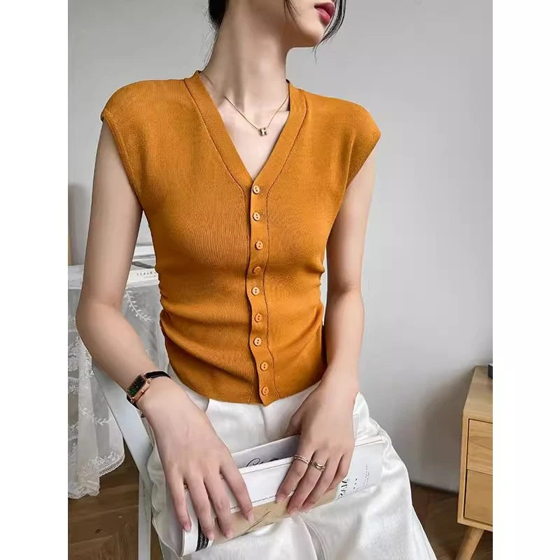 v领针织打底衫短袖t恤女2025新款春季修身内搭无袖针织上衣设计感