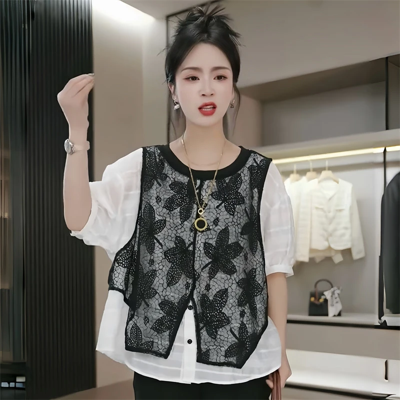 设计感蕾丝网纱拼接假两件短袖衬衫时尚复古休闲宽松百搭衬衣夏季