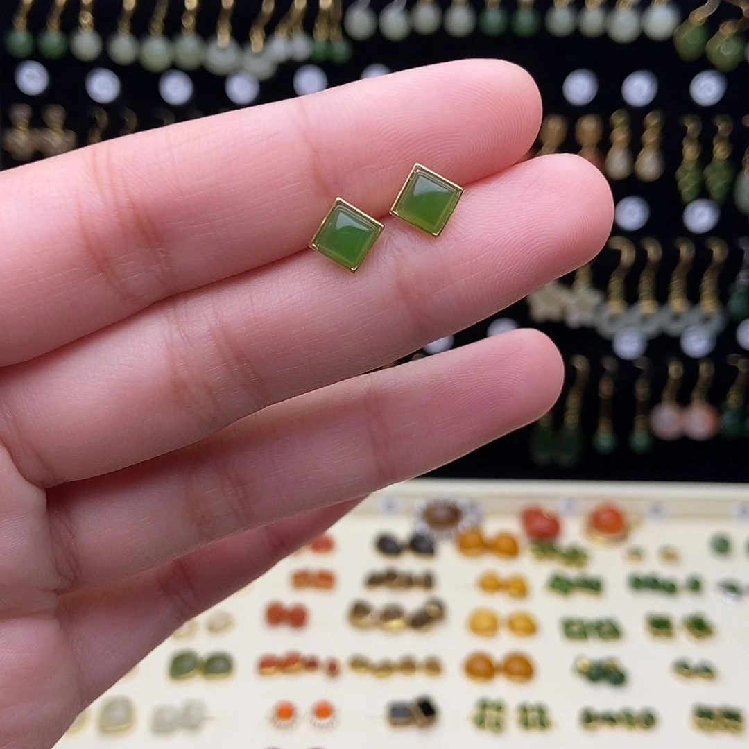 和田玉银S925镶嵌耳饰