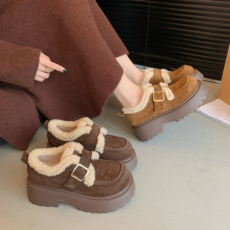 加绒加厚保暖2025秋冬新款厚底乐福鞋女休闲棉鞋勃肯鞋毛毛鞋百搭