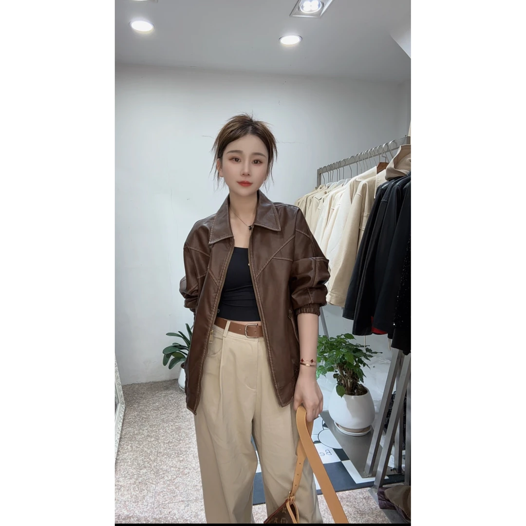 美式复古重工擦色西装皮衣外套女春秋宽松休闲高级炸街咖色皮夹克