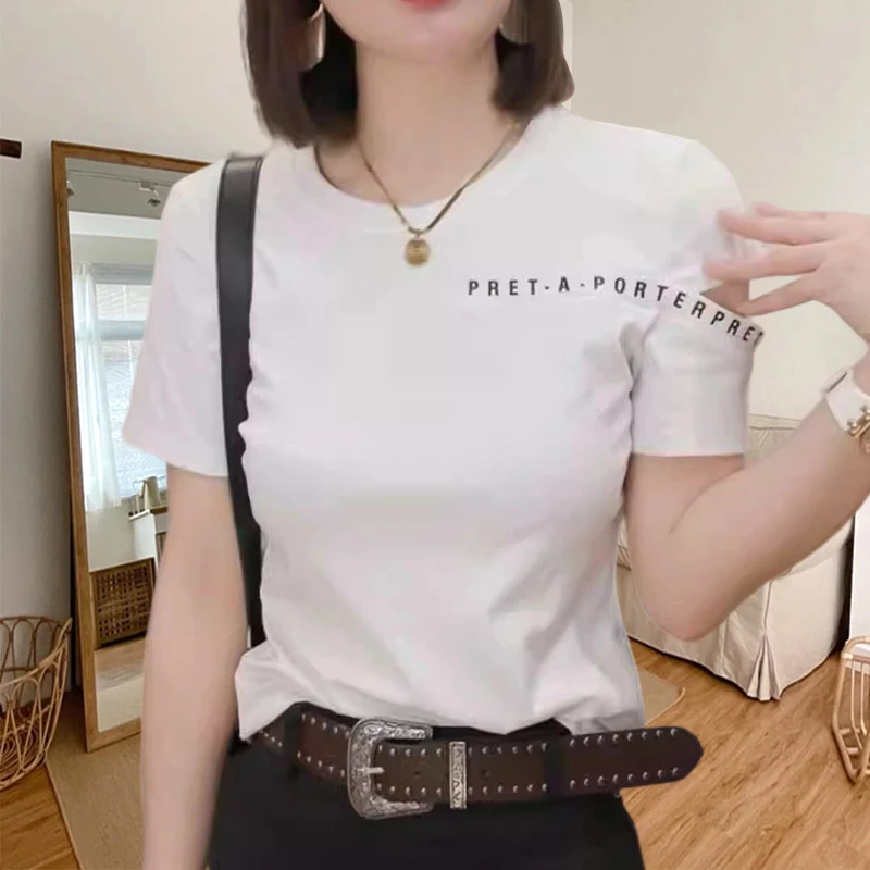 高级感小众露肩字母t恤女款短袖夏季新款ins简约休闲拼接上衣女装