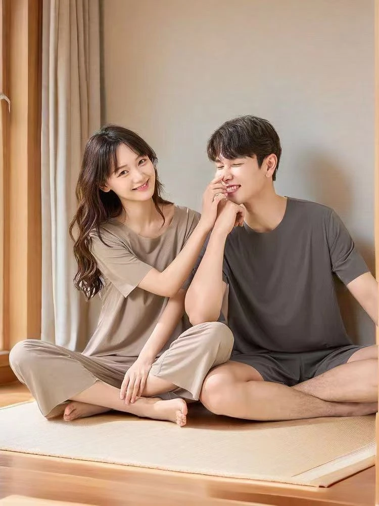 夏季冰丝两件套装薄款家居服短袖T恤上衣宽松休闲阔腿裤睡衣睡裤