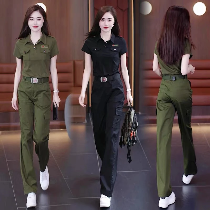 迷彩服女短袖套装夏季新款正肩工装长裤运动减龄显瘦直筒裤两件套