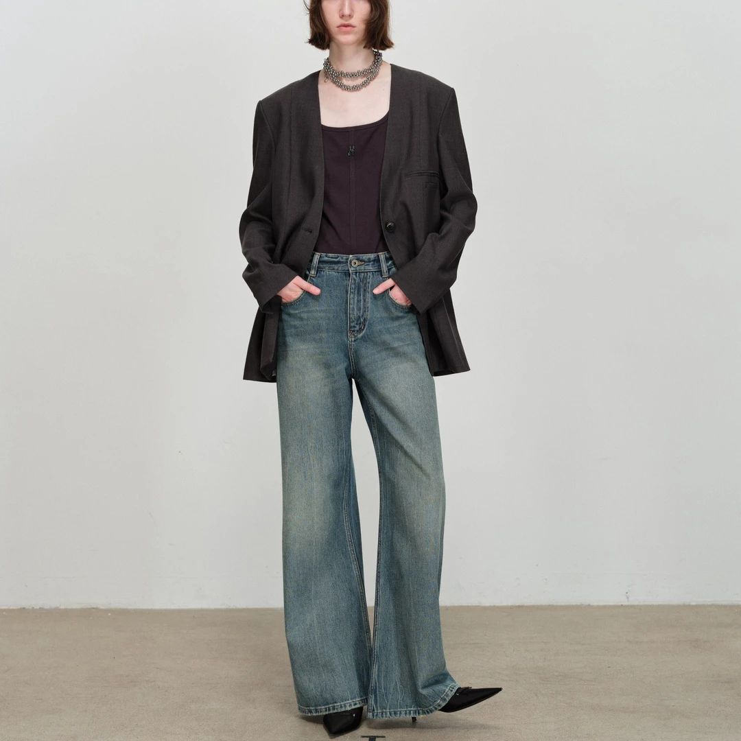 U/TI 水洗色港风中高腰抗打皱不鼓包颜值时尚梨形身材牛仔直筒裤