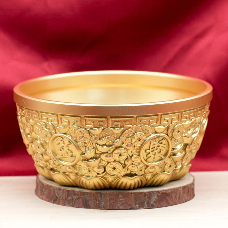 【大嫂工艺】黄铜直径15.5cm金钱招财进宝聚宝盆家居装饰吉祥摆件