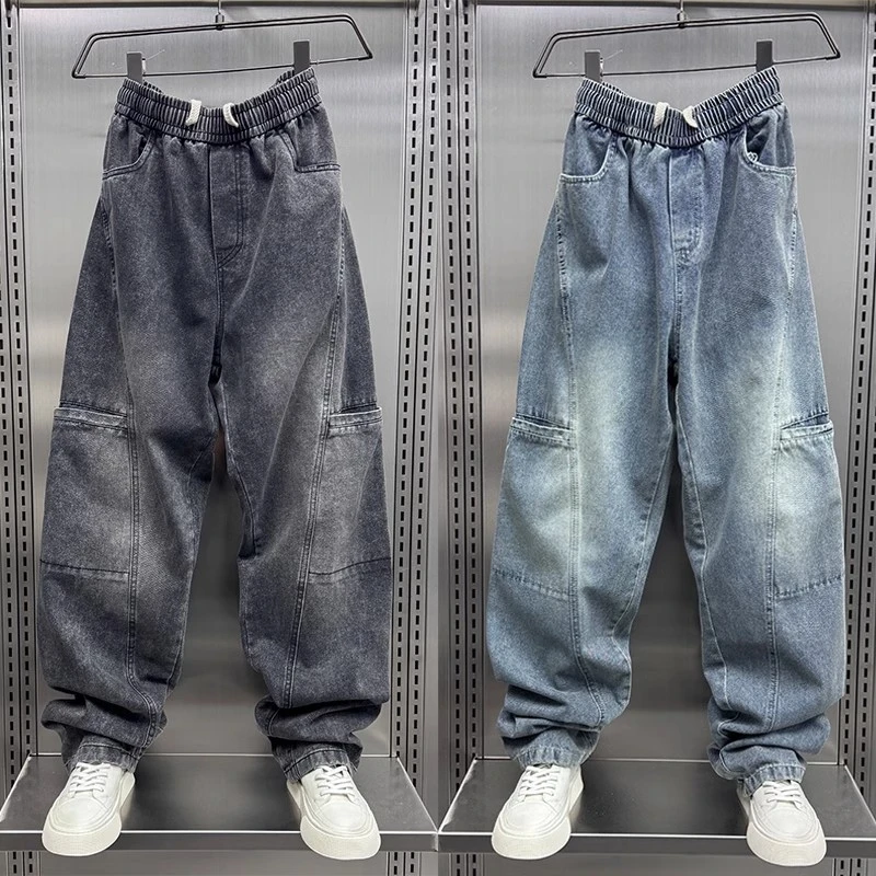 美式拼接大口袋牛仔裤男士2025春季潮牌宽松弯刀直筒裤水洗阔腿裤