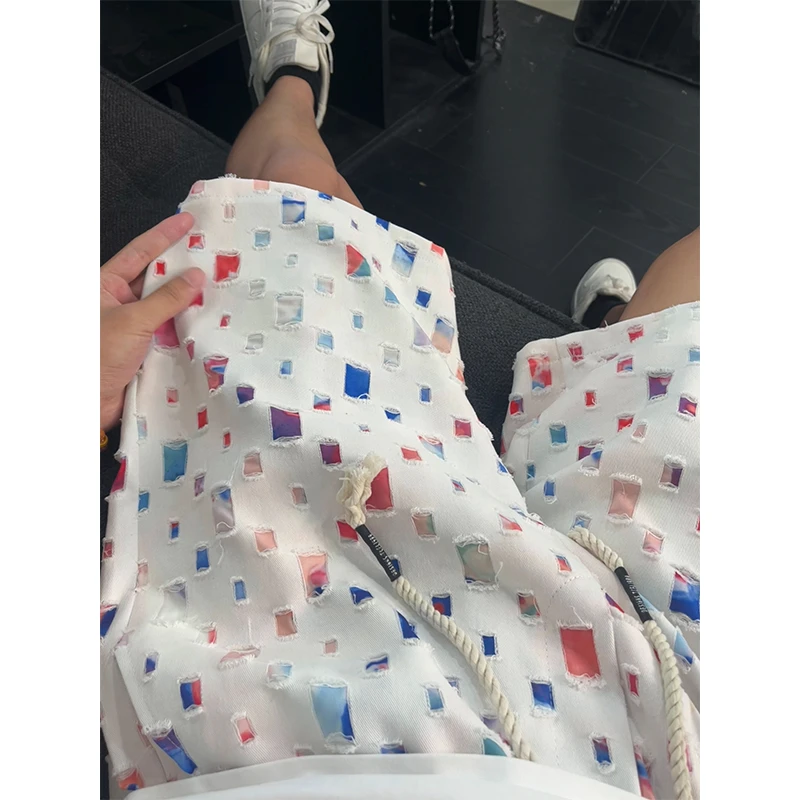 美式彩色格子牛仔短裤男款夏季高级感潮牌外穿五分裤宽松直筒中裤