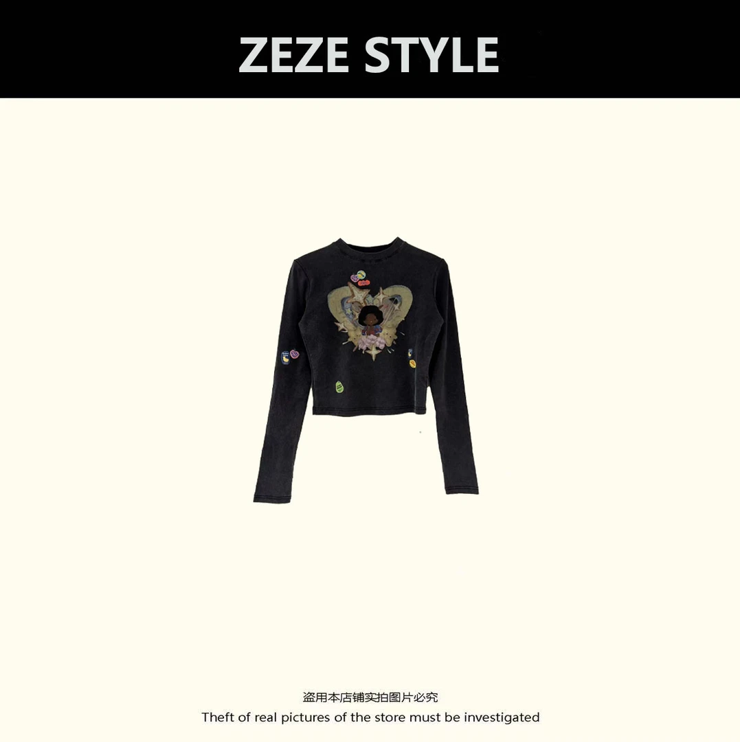 【爆炸头女孩】小众设计爆炸头女孩印花烫钻长袖T恤女秋冬2025新款