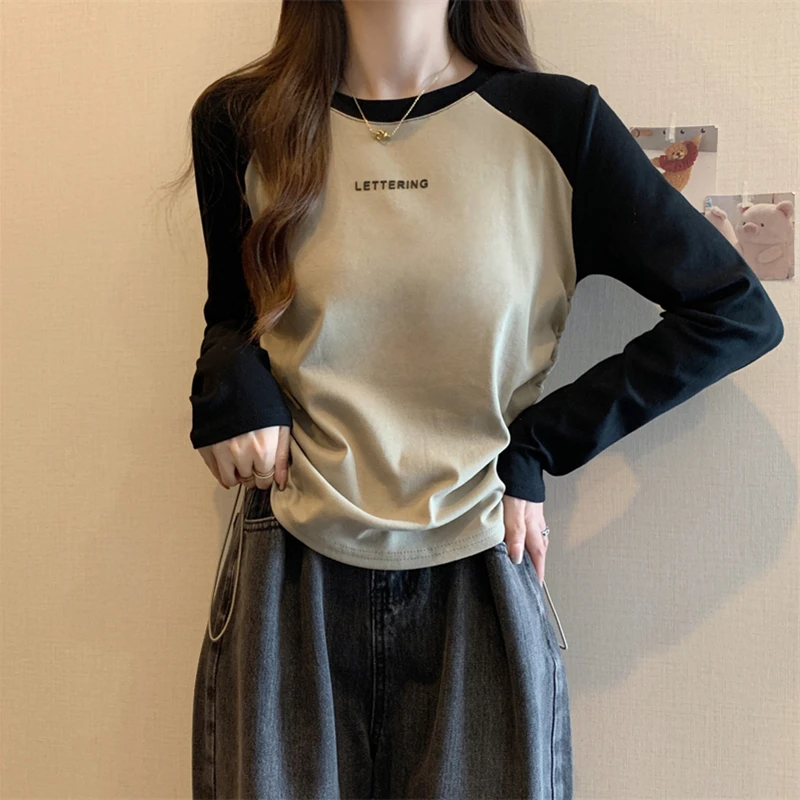 哺乳上衣秋季撞色插肩抽绳长袖t恤显瘦辣妈款外出大码喂奶打底衫