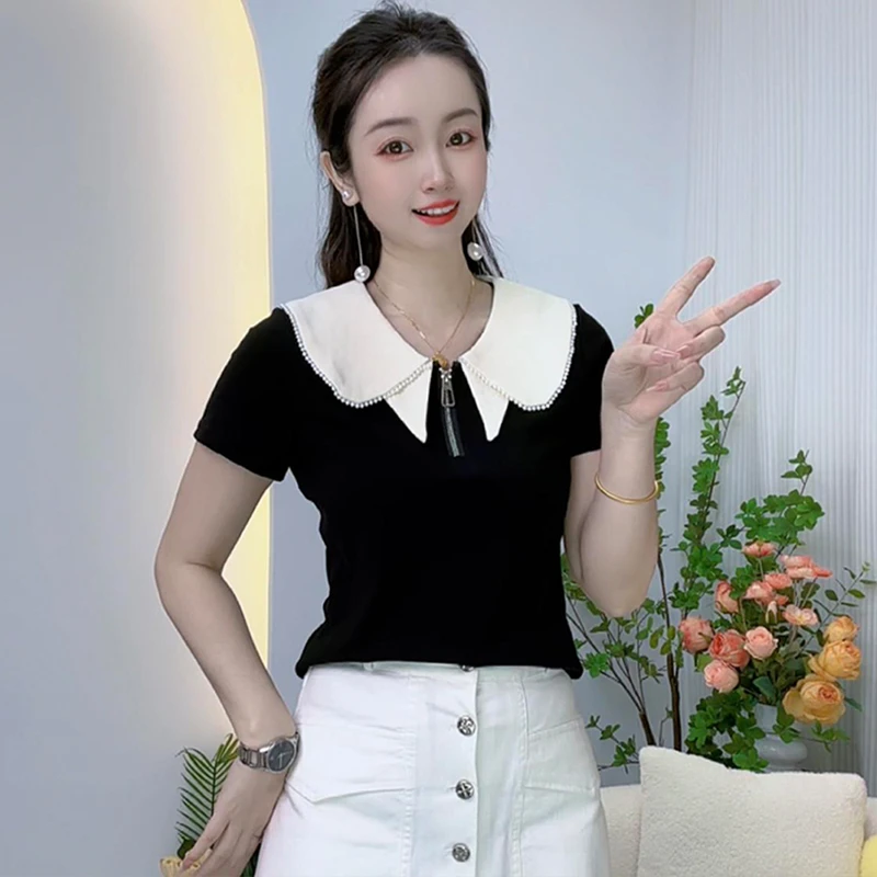 高含棉撞色钉珠娃娃领短袖t恤女2025年夏季新款显瘦遮肉正肩上衣