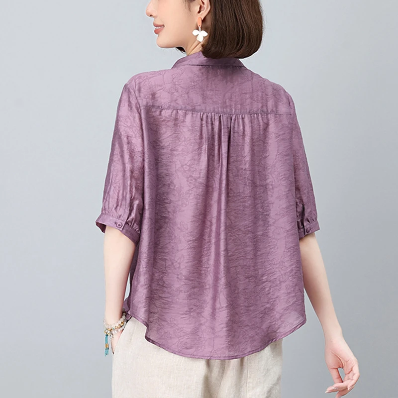 2113中年妈妈天丝衬衫女2025夏季新款宽松遮肚子显瘦减龄薄款小衫
