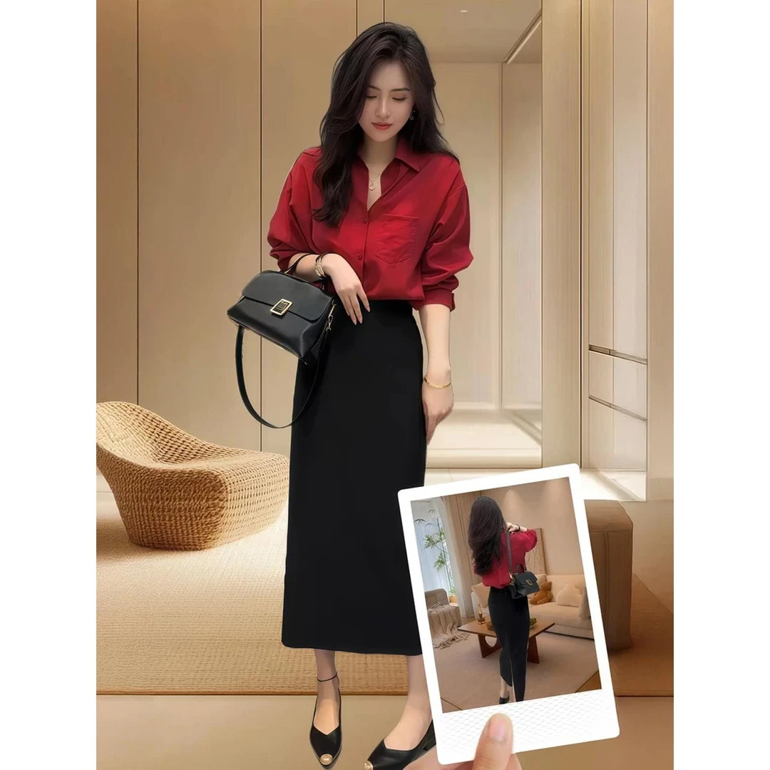 2025超火复古时髦红色长袖衬衫直筒半身裙春秋季女装爆款两件套装