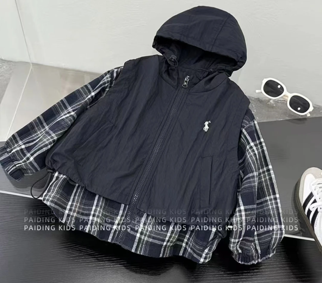 2025新款春秋装儿童韩版格子条纹假两件宽松连帽拉链式外套