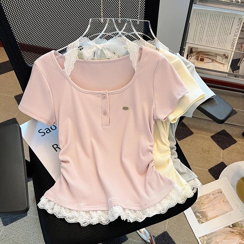 蕾丝花边假两件挂脖系带短袖T恤女2025夏季新款性感纯欲风短上衣