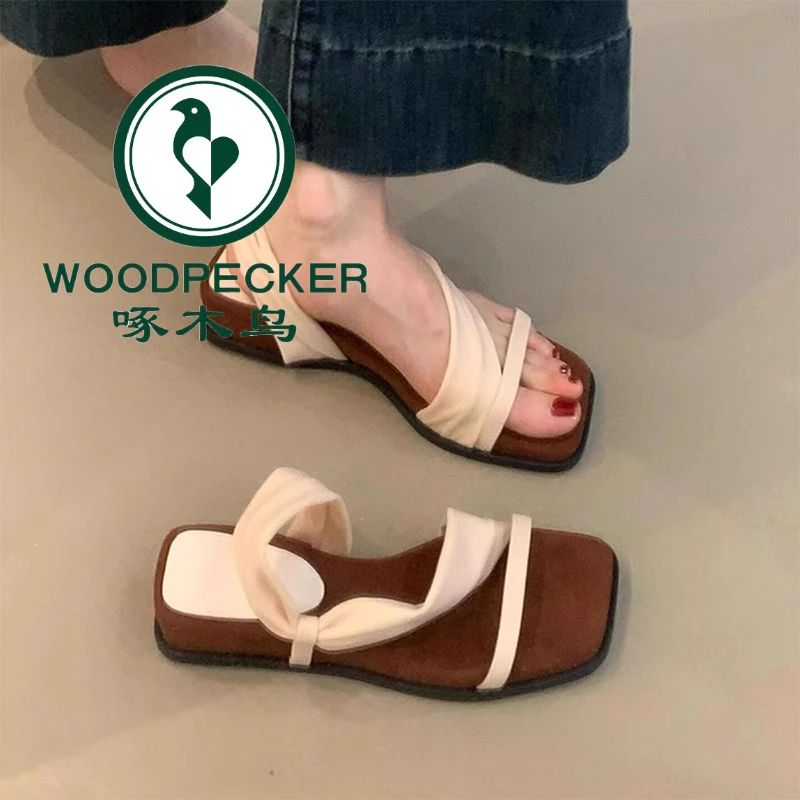 啄木鸟厚底方头凉拖鞋女夏季外穿2025新款法式绝美配裙子两穿凉鞋