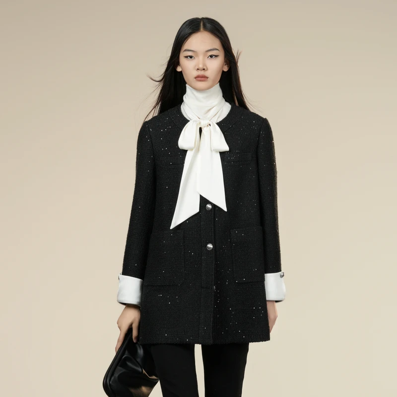 XG雪歌拼接设计毛呢外套2025冬季新款绵羊毛大衣女XK407016A790