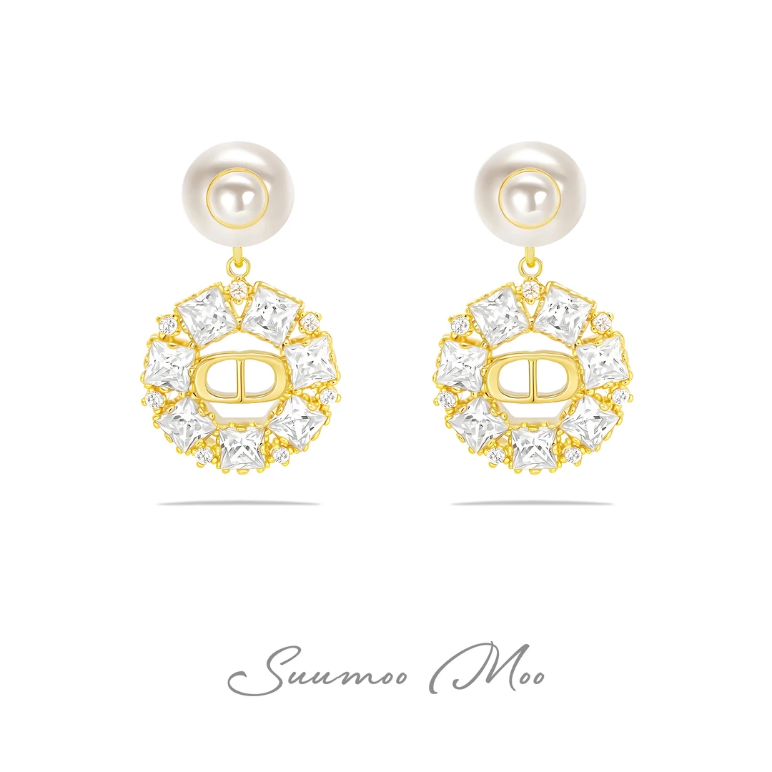 铜合金合成锆石耳饰 欧美复古镂空字母设计感高级耳环