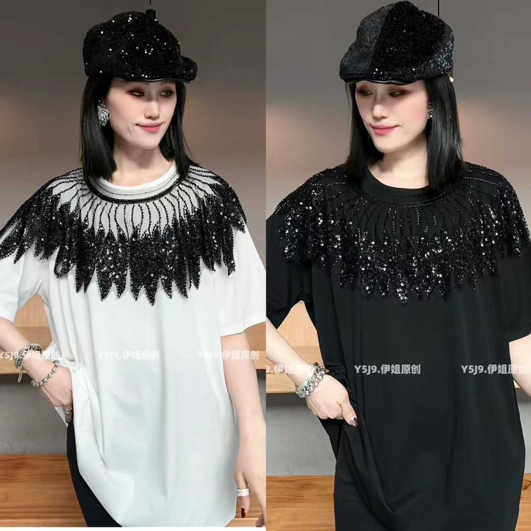 【YJ·高定】2025春夏新款宽松百搭珠片拼接修身显瘦半袖女 YY1805