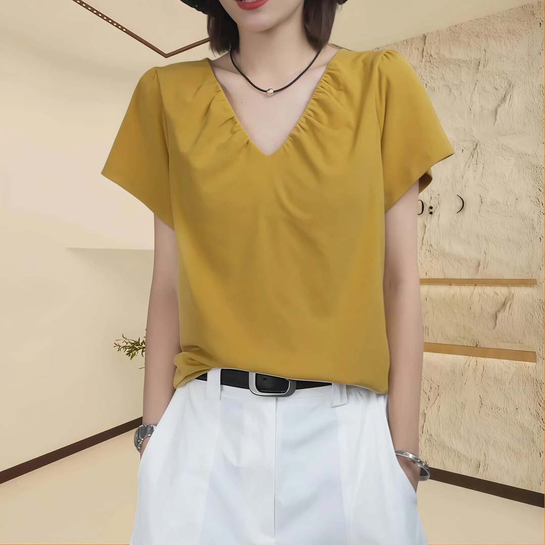 休闲职场休闲风V领短袖T恤女款2025夏季洋气减龄抽褶设计宽松小衫