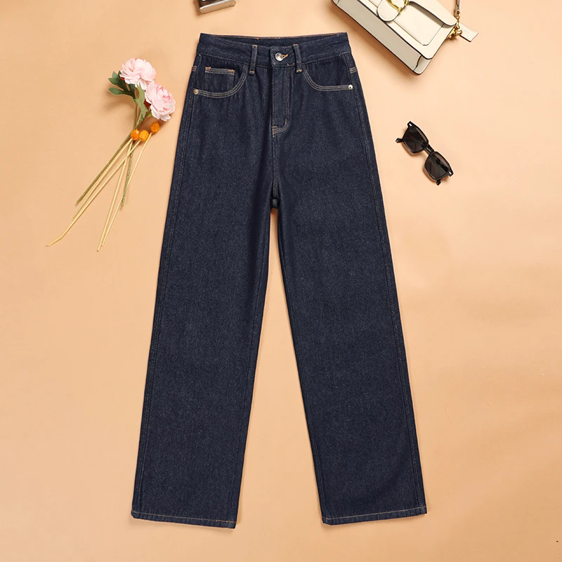 秋冬季丹宁不掉色女士加绒牛仔裤女直筒高腰梨型身材显瘦长裤子厚