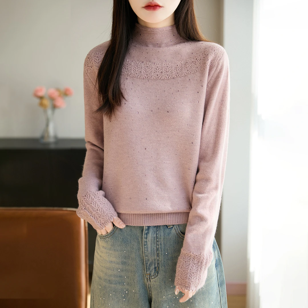 pingedixin/品哥弟新款秋冬半高领镂空钩花洋气百搭羊毛针织衫