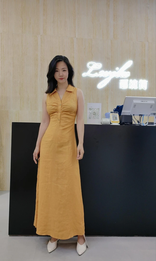 丽婉简时尚气质长款无袖麻料连衣裙