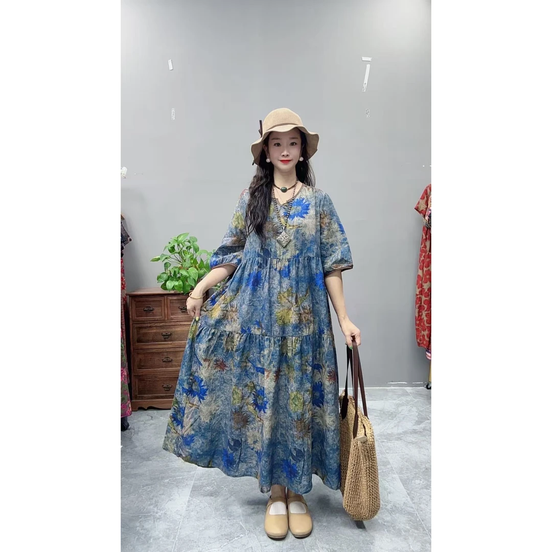 5114夏季新款显瘦气质时尚女百搭休闲文艺复古印花洋气宽松连衣裙